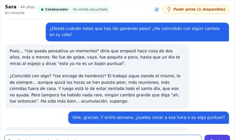 El chat de la consulta: la alumna pregunta y la paciente virtual responde